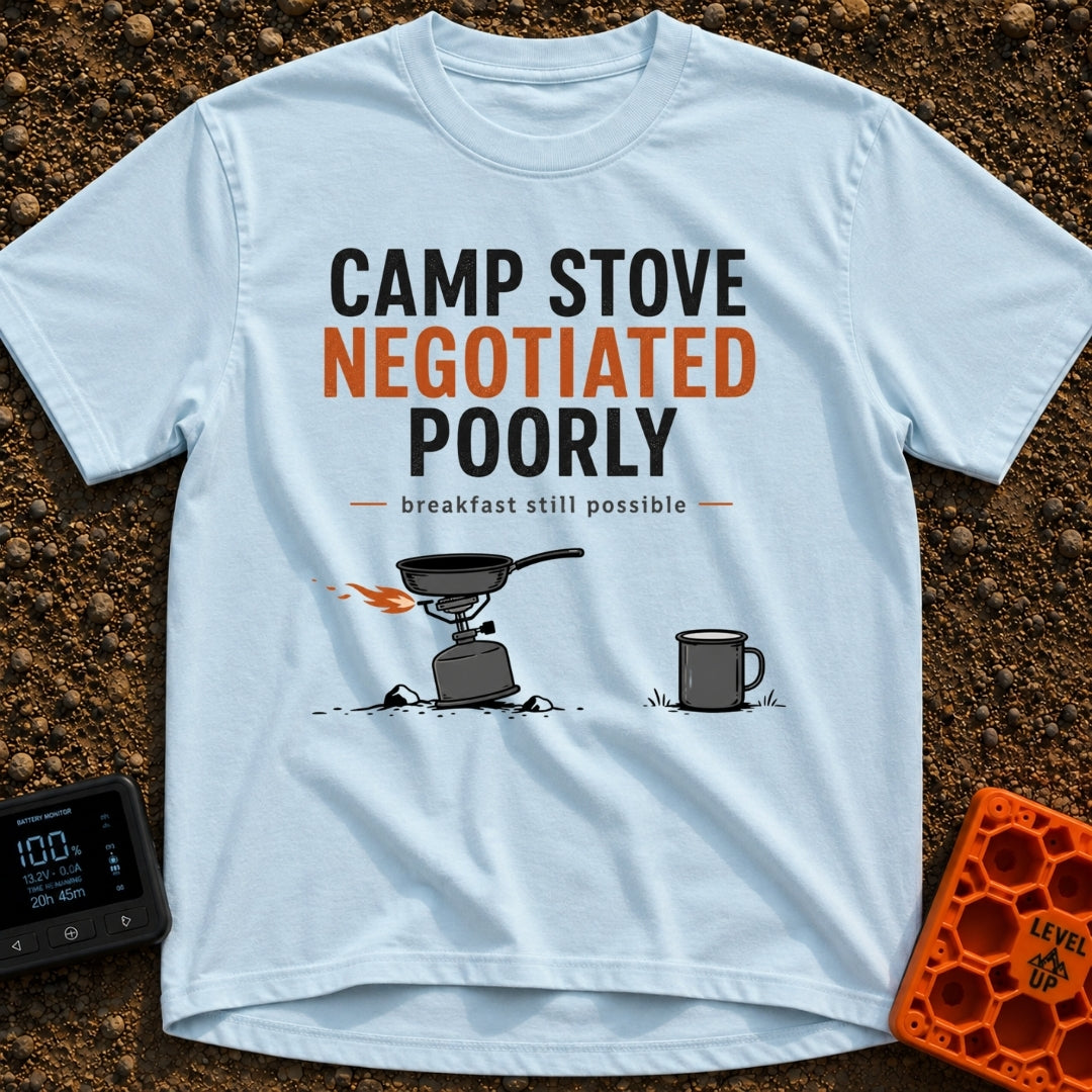 Stove Negotiations Failed - T-Shirt in Chambray - A graphic of a small canister camp stove and frying pan tilting on...