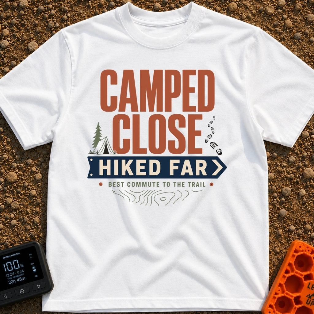 Best Commute Ever - T-Shirt in White - Typographic design reading "CAMPED CLOSE" above a blue directional arrow sign...