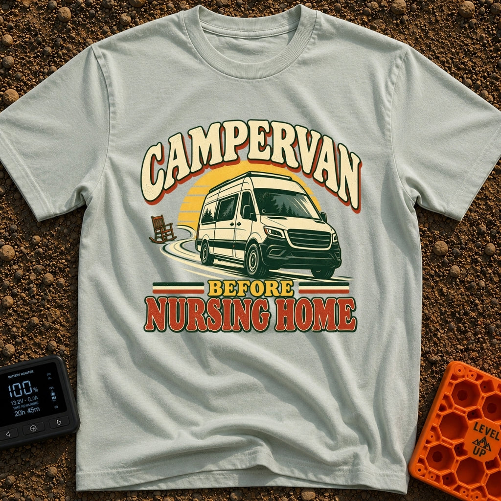 Van Before Nursing Home - T-Shirt in Bay - A white campervan driving along a winding road away from an empty wooden...
