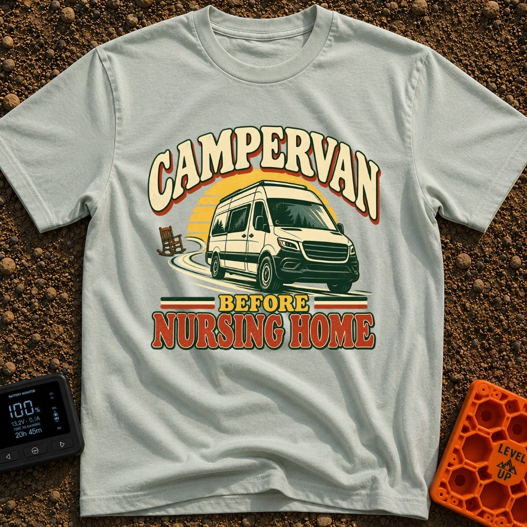 Van Before Nursing Home - T-Shirt in Bay - A white campervan driving along a winding road away from an empty wooden...