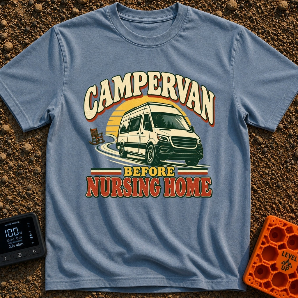 Van Before Nursing Home - T-Shirt in Blue Jean - A white campervan driving along a winding road away from an empty wooden...