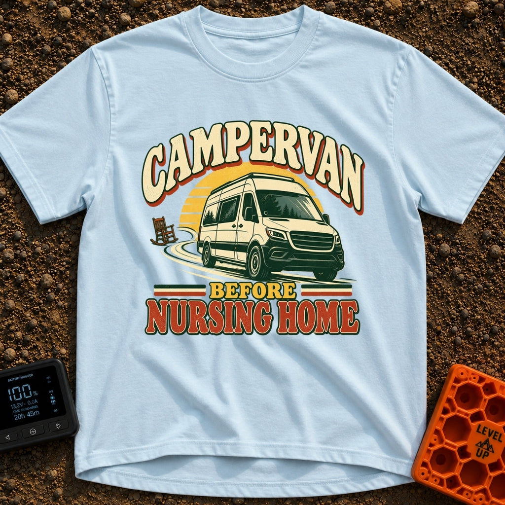 Van Before Nursing Home - T-Shirt in Chambray - A white campervan driving along a winding road away from an empty wooden...