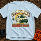 Van Before Nursing Home - T-Shirt in Chambray - A white campervan driving along a winding road away from an empty wooden...