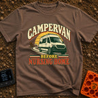 Van Before Nursing Home - T-Shirt in Espresso - A white campervan driving along a winding road away from an empty wooden...