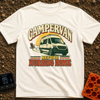 Van Before Nursing Home - T-Shirt in Ivory - A white campervan driving along a winding road away from an empty wooden...