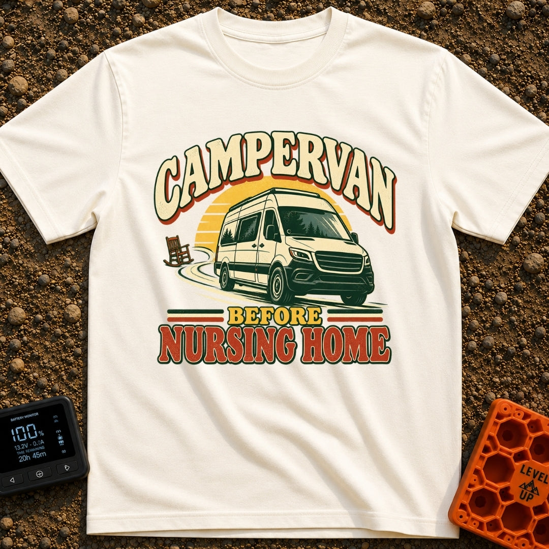 Van Before Nursing Home - T-Shirt in Ivory - A white campervan driving along a winding road away from an empty wooden...
