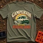 Van Before Nursing Home - T-Shirt in Moss - A white campervan driving along a winding road away from an empty wooden...
