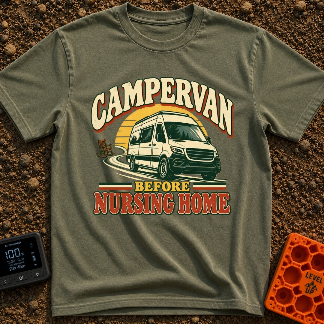 Van Before Nursing Home - T-Shirt in Moss - A white campervan driving along a winding road away from an empty wooden...
