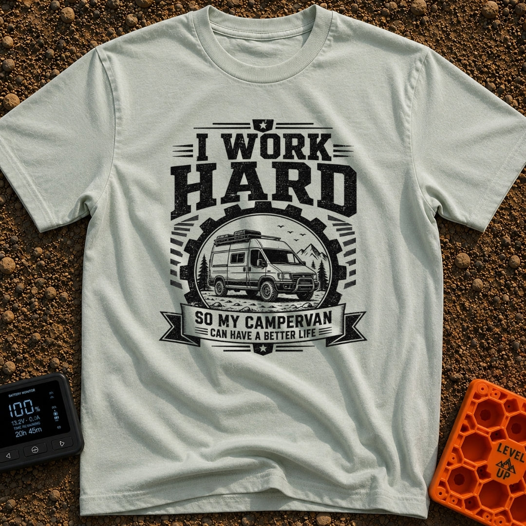 Primary Campervan Provider - T-Shirt in Bay - A black and white typographic design featuring a rugged campervan parked in...