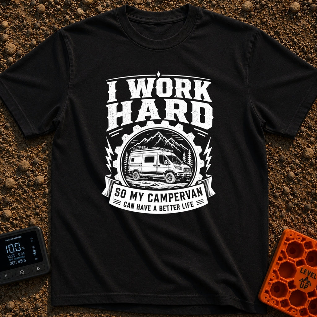 Primary Campervan Provider - T-Shirt in Black - A black and white typographic design featuring a rugged campervan parked...