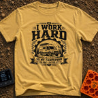 Primary Campervan Provider - T-Shirt in Mustard - A black and white typographic design featuring a rugged campervan...
