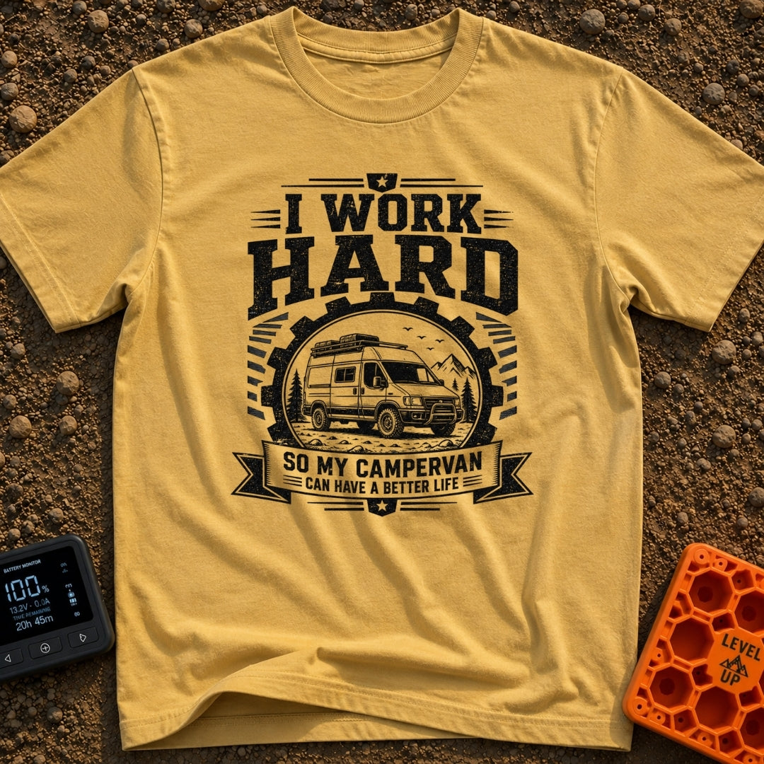 Primary Campervan Provider - T-Shirt in Mustard - A black and white typographic design featuring a rugged campervan...