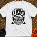 Primary Campervan Provider - T-Shirt in White - A black and white typographic design featuring a rugged campervan parked...