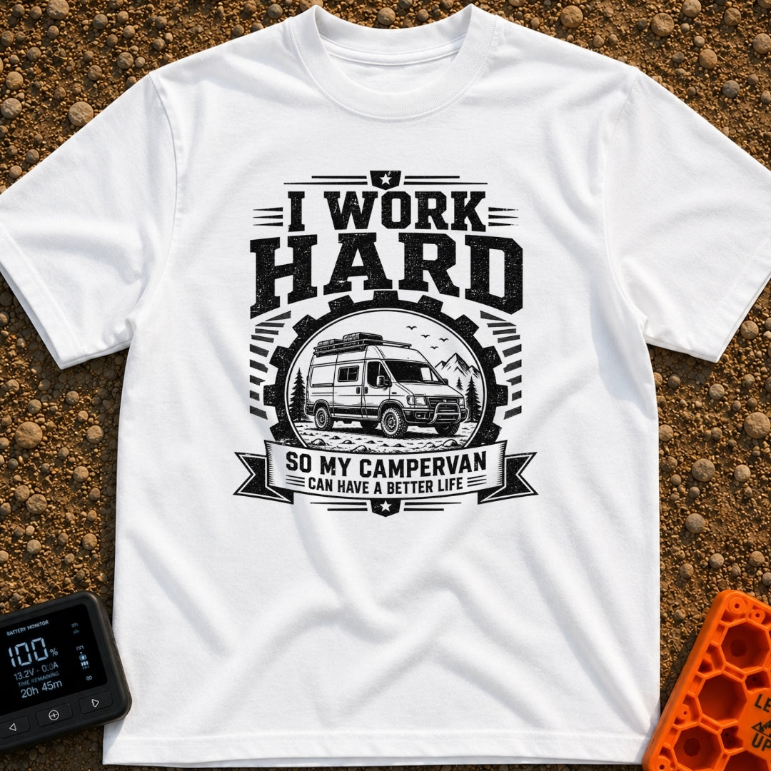 Primary Campervan Provider - T-Shirt in White - A black and white typographic design featuring a rugged campervan parked...