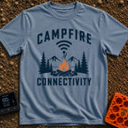 The Original Hot Spot - T-Shirt in Blue Jean - A graphic illustration featuring a campfire in a rock ring with pine trees...