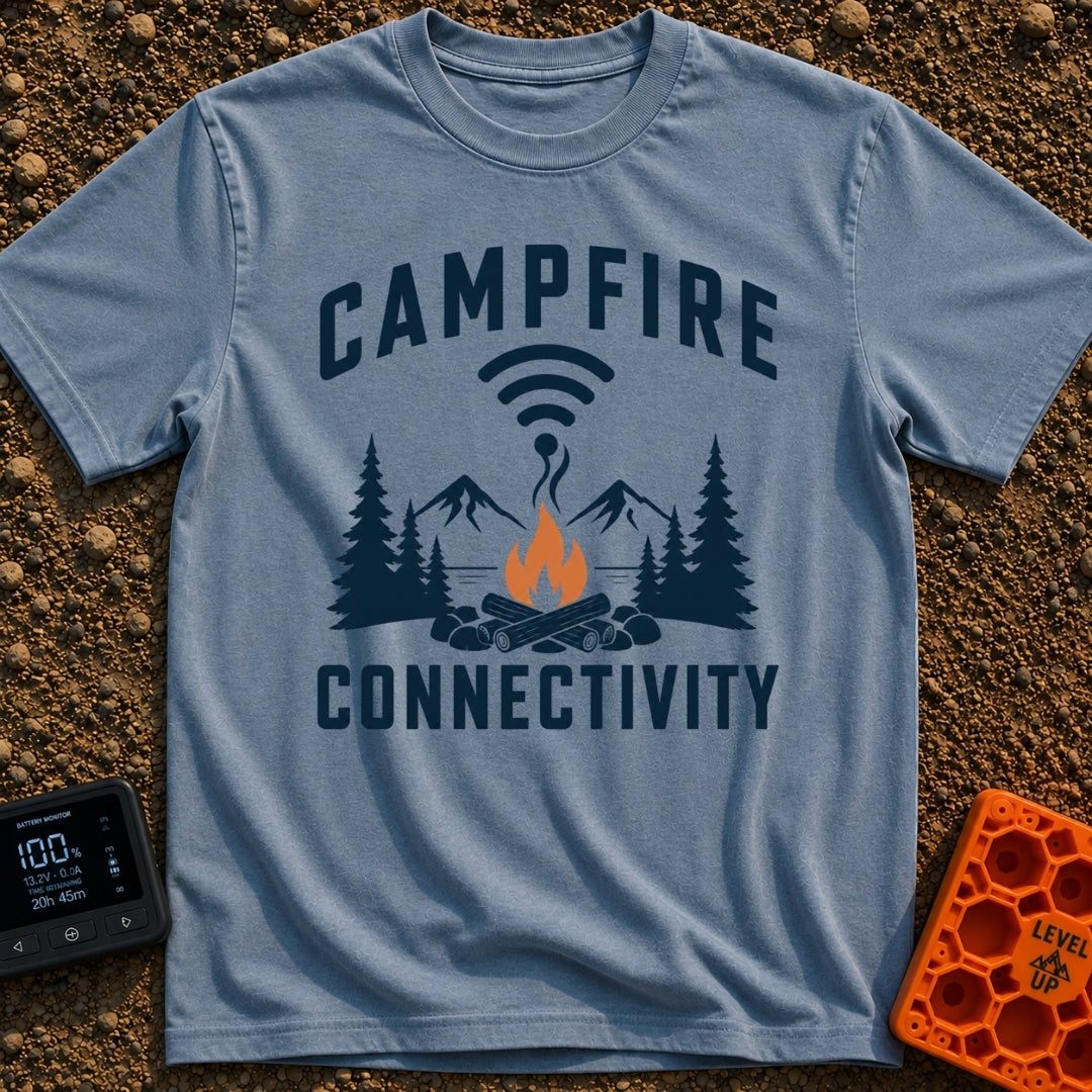 The Original Hot Spot - T-Shirt in Blue Jean - A graphic illustration featuring a campfire in a rock ring with pine trees...