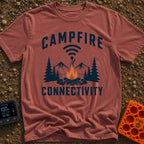 The Original Hot Spot - T-Shirt in Brick - A graphic illustration featuring a campfire in a rock ring with pine trees and...