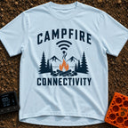 The Original Hot Spot - T-Shirt in Chambray - A graphic illustration featuring a campfire in a rock ring with pine trees...