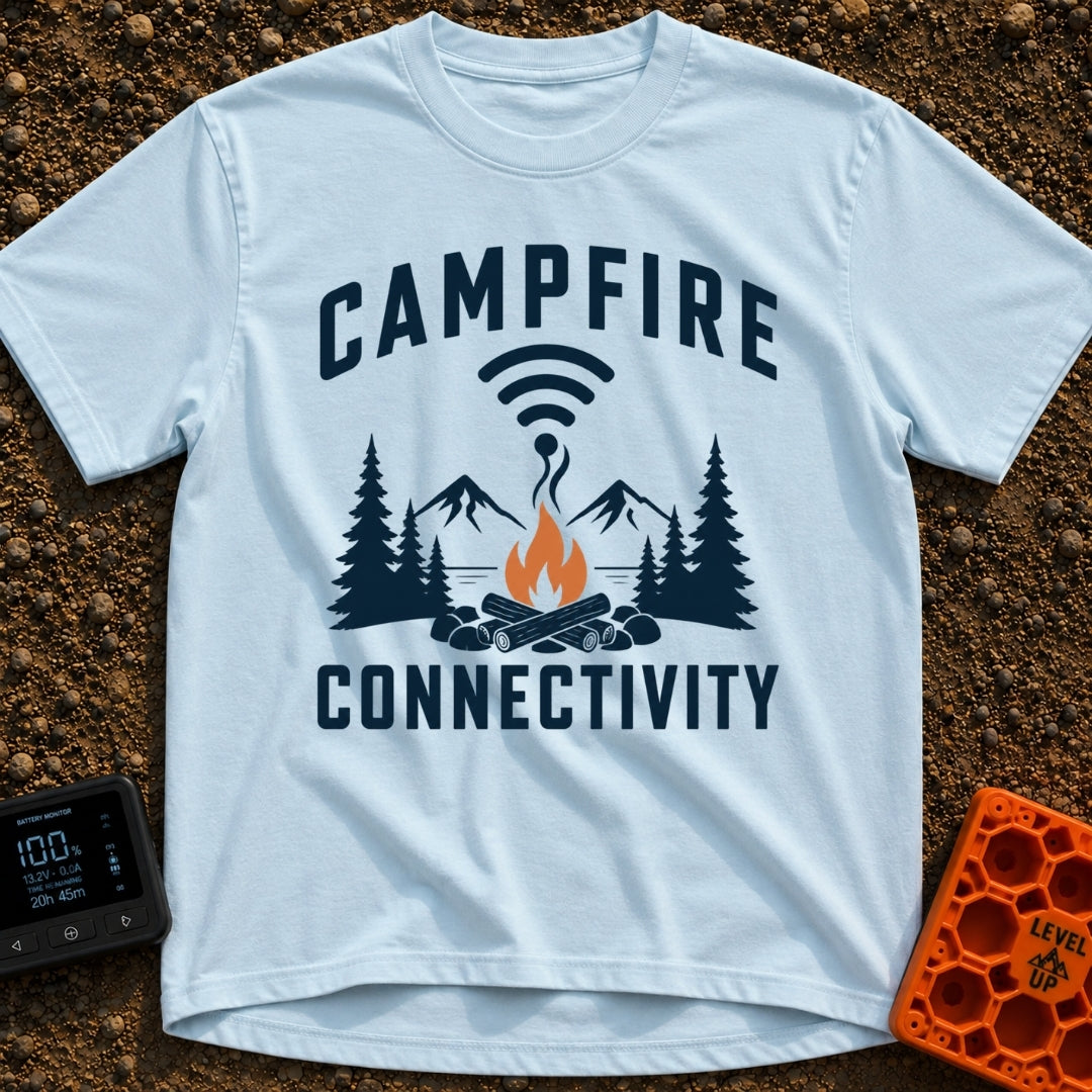 The Original Hot Spot - T-Shirt in Chambray - A graphic illustration featuring a campfire in a rock ring with pine trees...