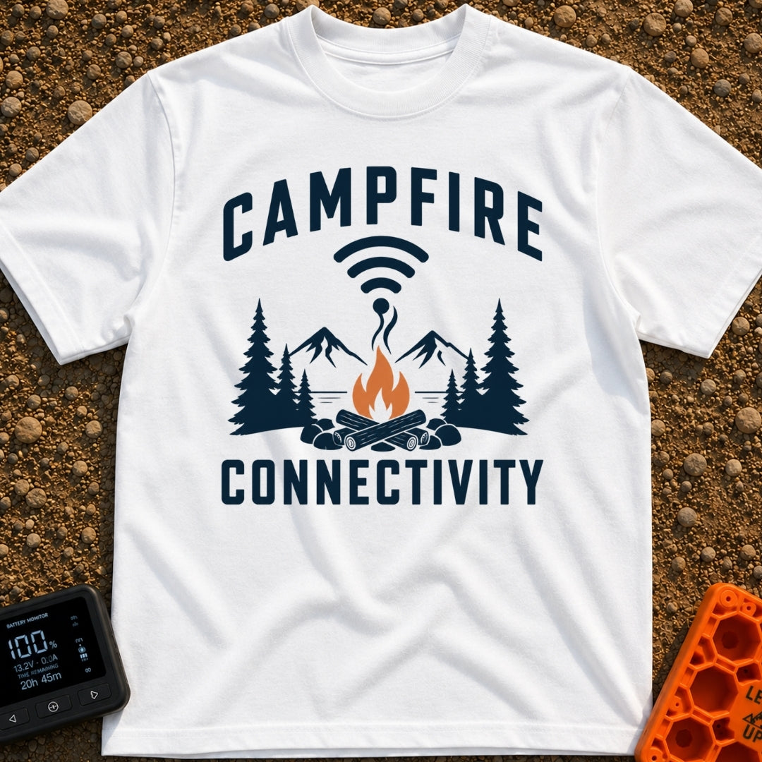 The Original Hot Spot - T-Shirt in White - A graphic illustration featuring a campfire in a rock ring with pine trees and...