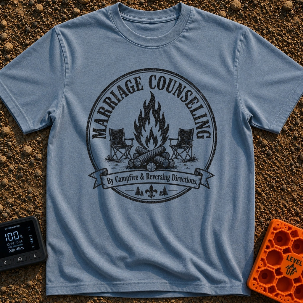 Campfire Group Therapy - T-Shirt in Blue Jean - A distressed, circular black-and-white graphic featuring a large campfire...