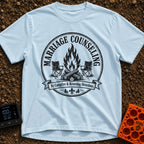 Campfire Group Therapy - T-Shirt in Chambray - A distressed, circular black-and-white graphic featuring a large campfire...