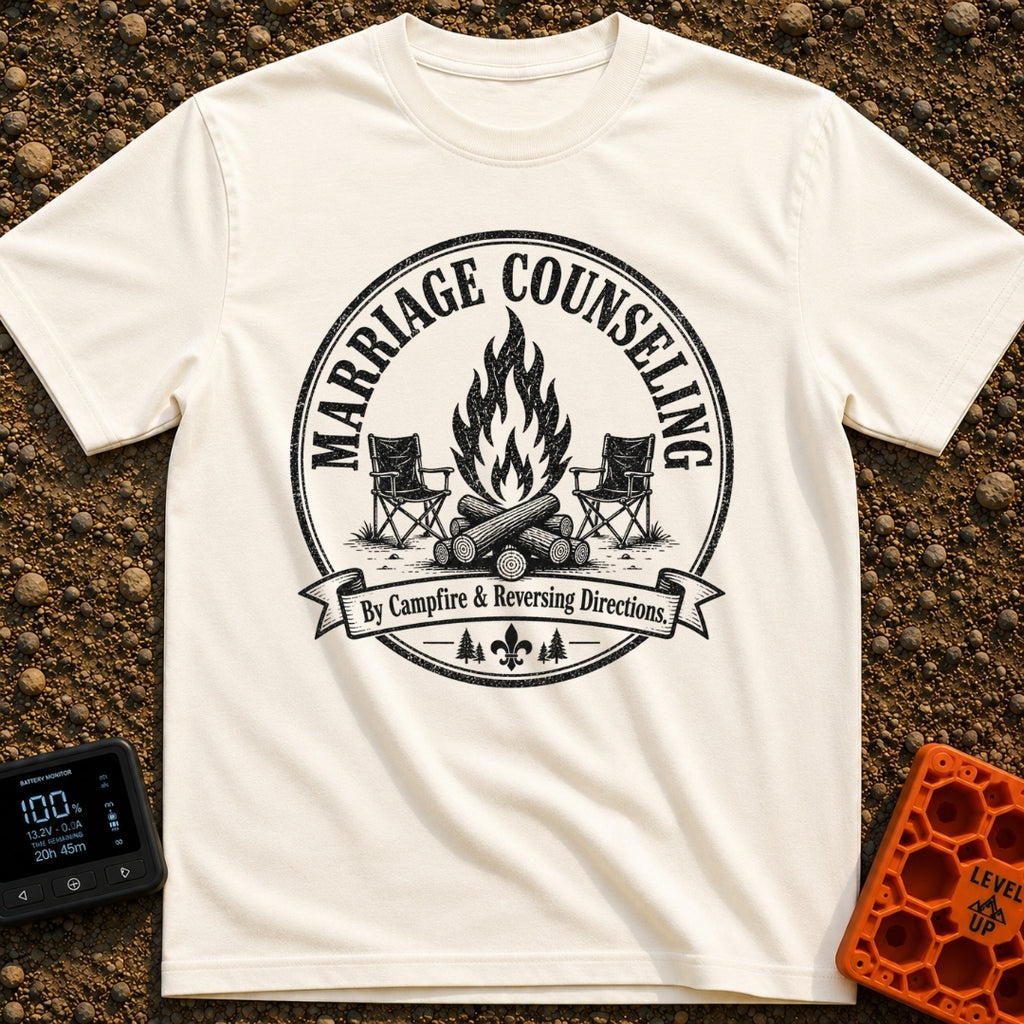 Campfire Group Therapy - T-Shirt in Ivory - A distressed, circular black-and-white graphic featuring a large campfire...