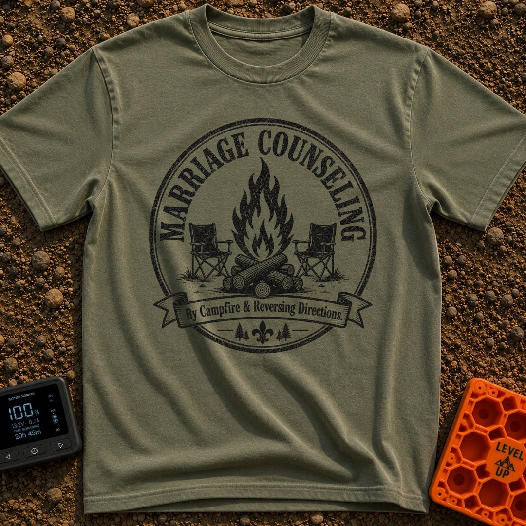 Campfire Group Therapy - T-Shirt in Moss - A distressed, circular black-and-white graphic featuring a large campfire...