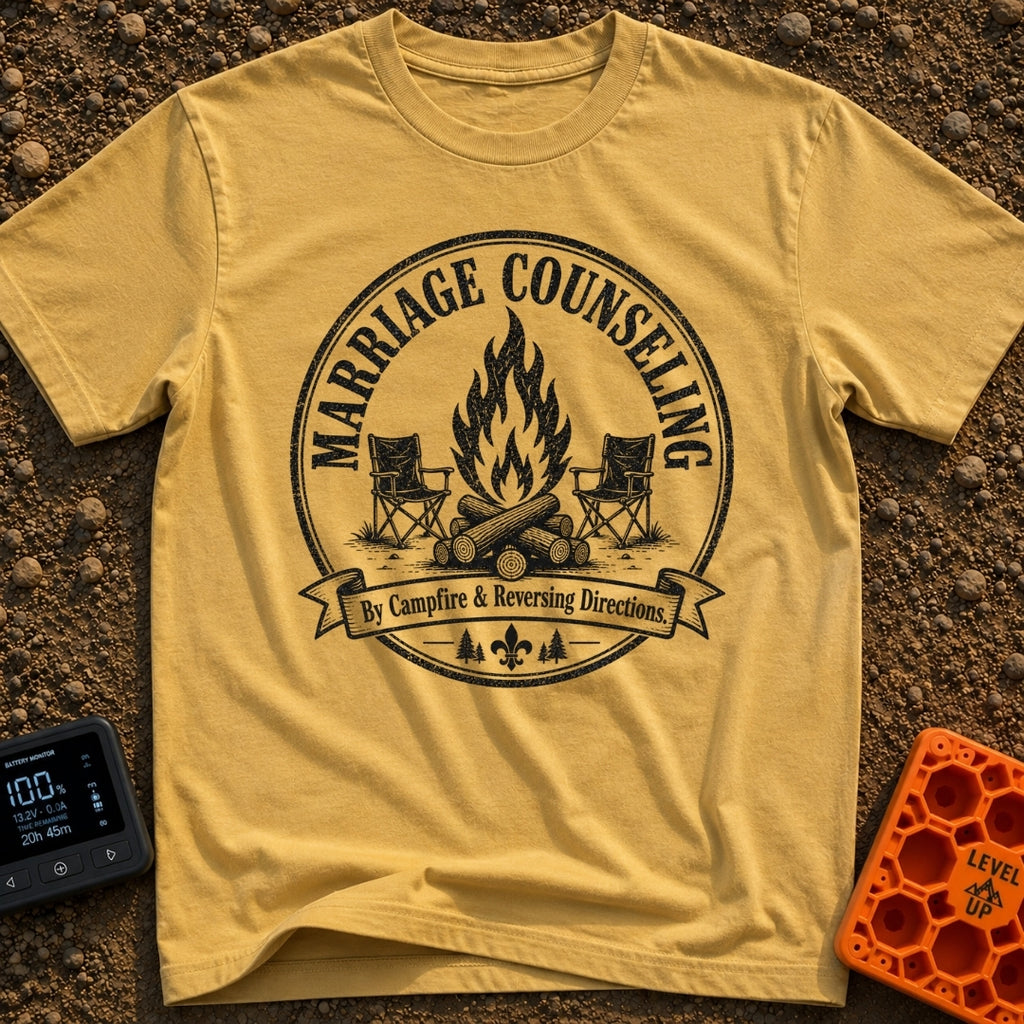 Campfire Group Therapy - T-Shirt in Mustard - A distressed, circular black-and-white graphic featuring a large campfire...