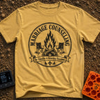 Campfire Group Therapy - T-Shirt in Mustard - A distressed, circular black-and-white graphic featuring a large campfire...