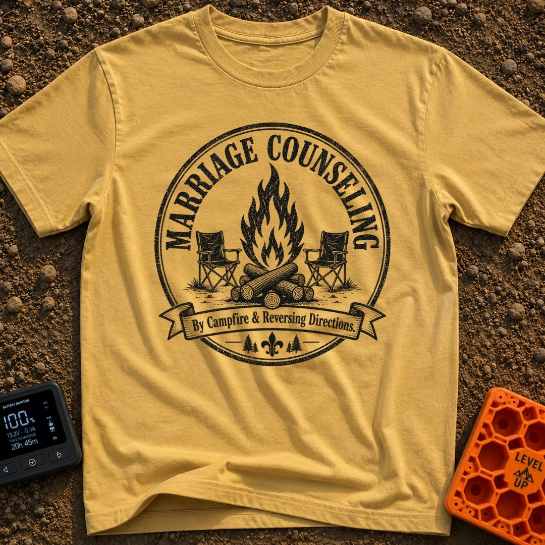 Campfire Group Therapy - T-Shirt in Mustard - A distressed, circular black-and-white graphic featuring a large campfire...