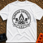 Campfire Group Therapy - T-Shirt in White - A distressed, circular black-and-white graphic featuring a large campfire...