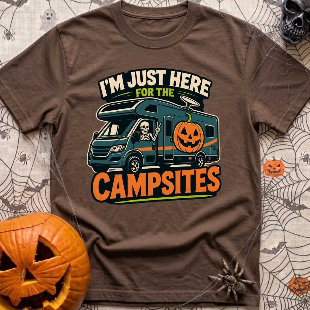 Unexplained Campfire Attendance - T-Shirt in Espresso - A skeleton throws a peace sign from the driver's window of a blue...