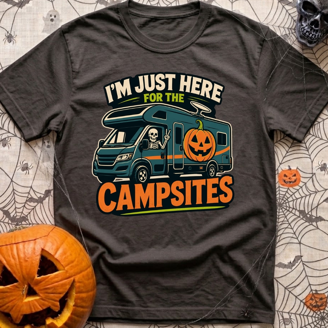 Unexplained Campfire Attendance - T-Shirt in Graphite - A skeleton throws a peace sign from the driver's window of a blue...