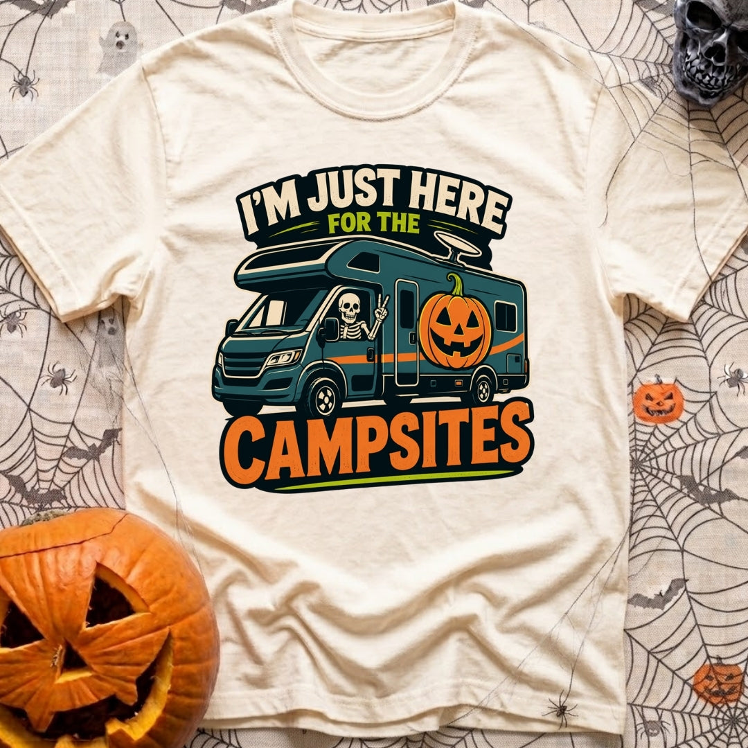 Unexplained Campfire Attendance - T-Shirt in Ivory - A skeleton throws a peace sign from the driver's window of a blue...