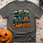 Unexplained Campfire Attendance - T-Shirt in Pepper - A skeleton throws a peace sign from the driver's window of a blue...