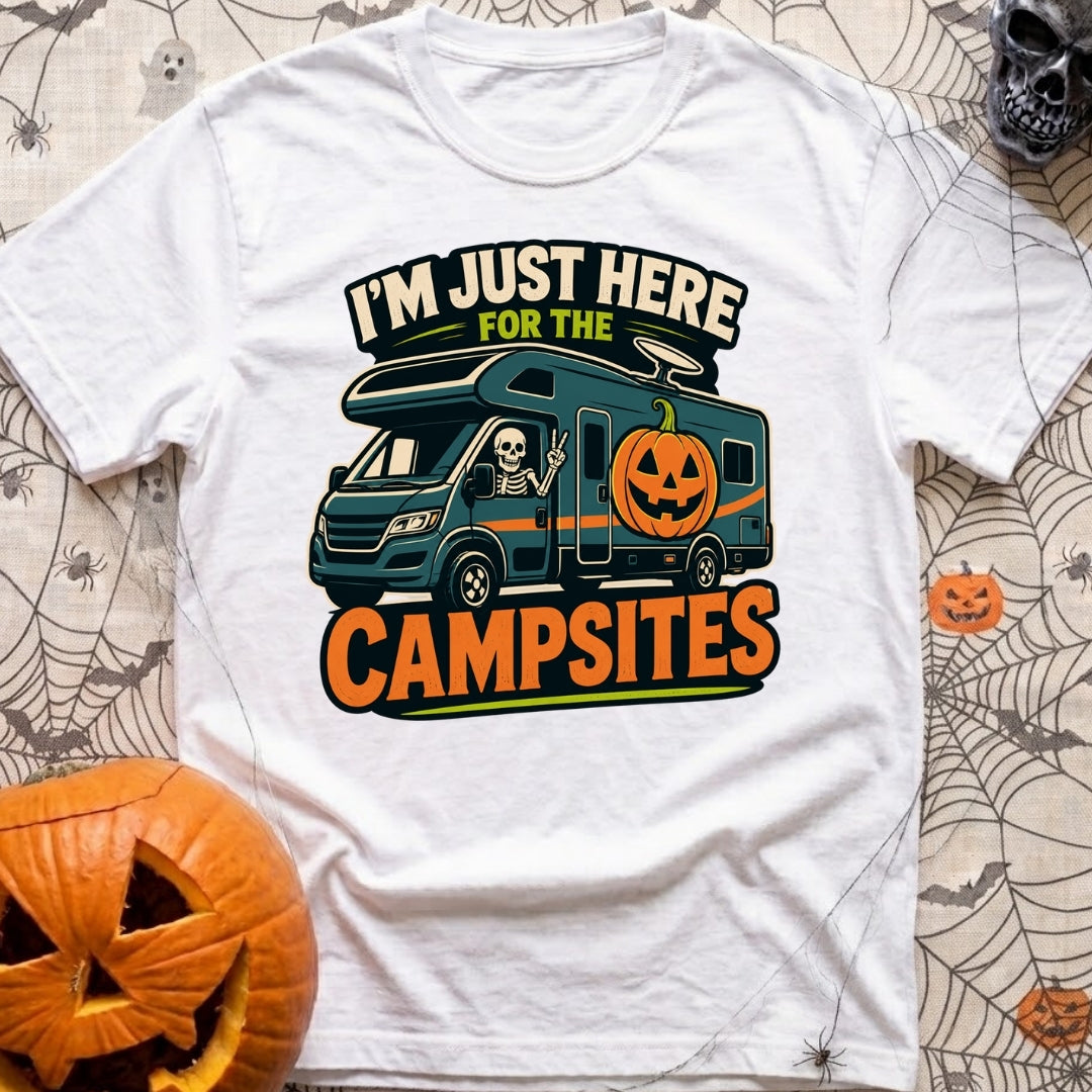 Unexplained Campfire Attendance - T-Shirt in White - A skeleton throws a peace sign from the driver's window of a blue...