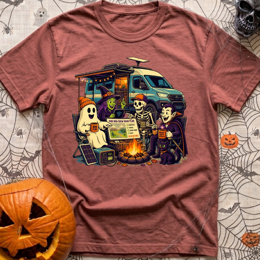 Unexplainable Campfire Attendance - T-Shirt in Brick - A cartoon illustration of a ghost, witch, skeleton, and vampire...