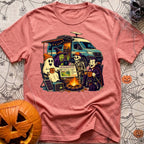 Unexplainable Campfire Attendance - T-Shirt in Watermelon - A cartoon illustration of a ghost, witch, skeleton, and...