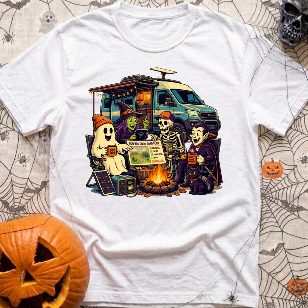 Unexplainable Campfire Attendance - T-Shirt in White - A cartoon illustration of a ghost, witch, skeleton, and vampire...