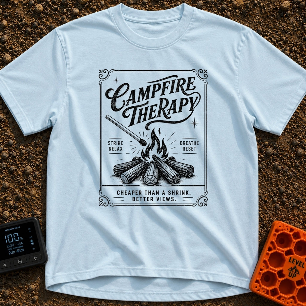 Therapy In A Matchbook - T-Shirt in Chambray - A black and white, vintage matchbook-style illustration featuring a lit...