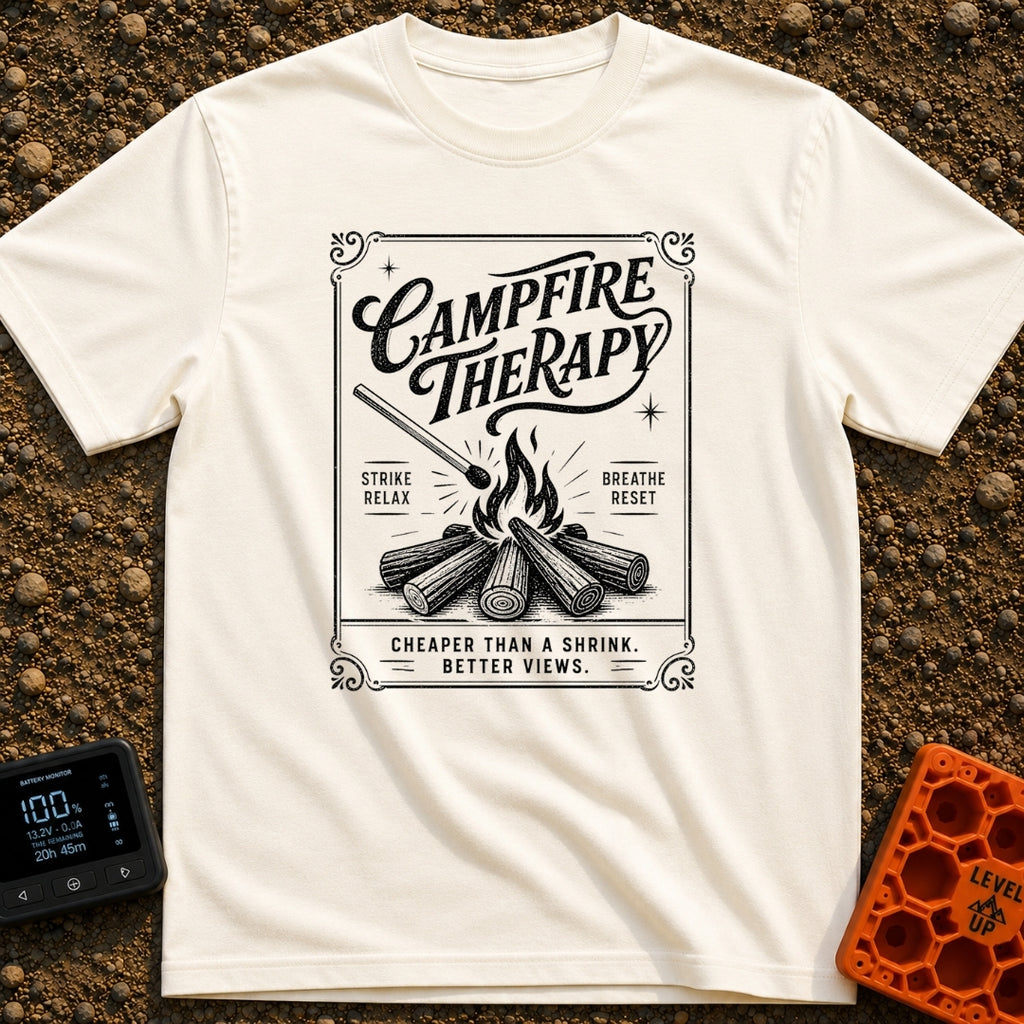 Therapy In A Matchbook - T-Shirt in Ivory - A black and white, vintage matchbook-style illustration featuring a lit...