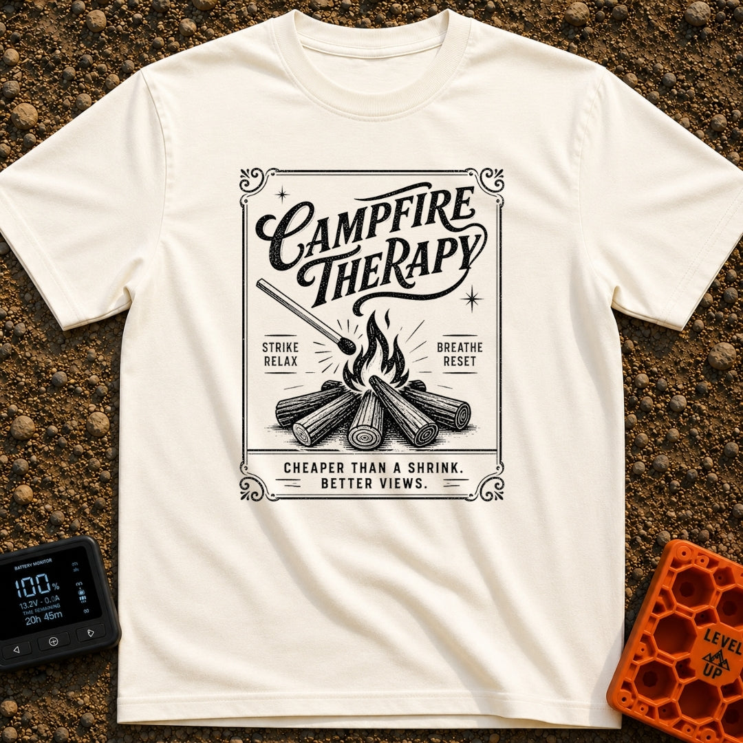 Therapy In A Matchbook - T-Shirt in Ivory - A black and white, vintage matchbook-style illustration featuring a lit...