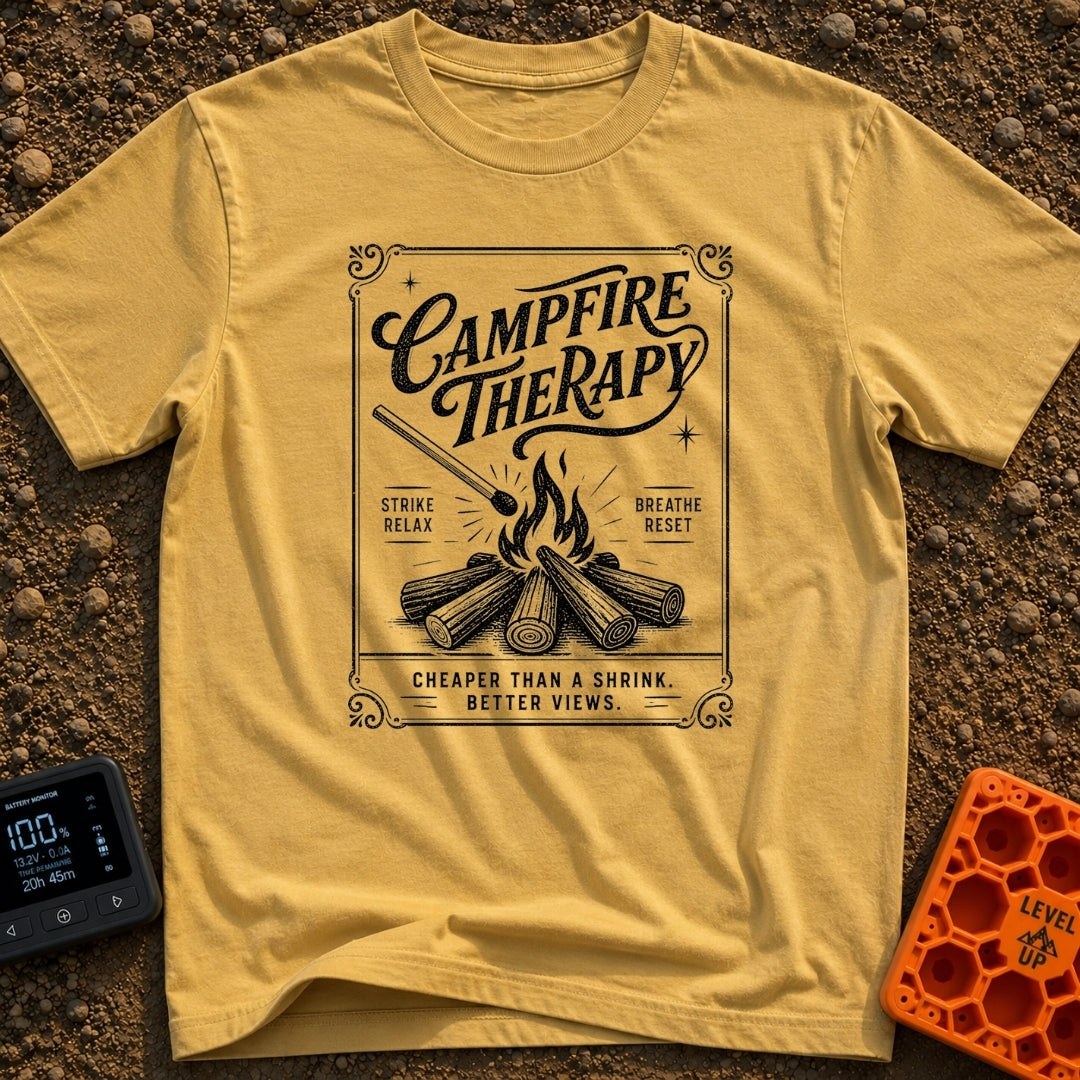 Therapy In A Matchbook - T-Shirt in Mustard - A black and white, vintage matchbook-style illustration featuring a lit...