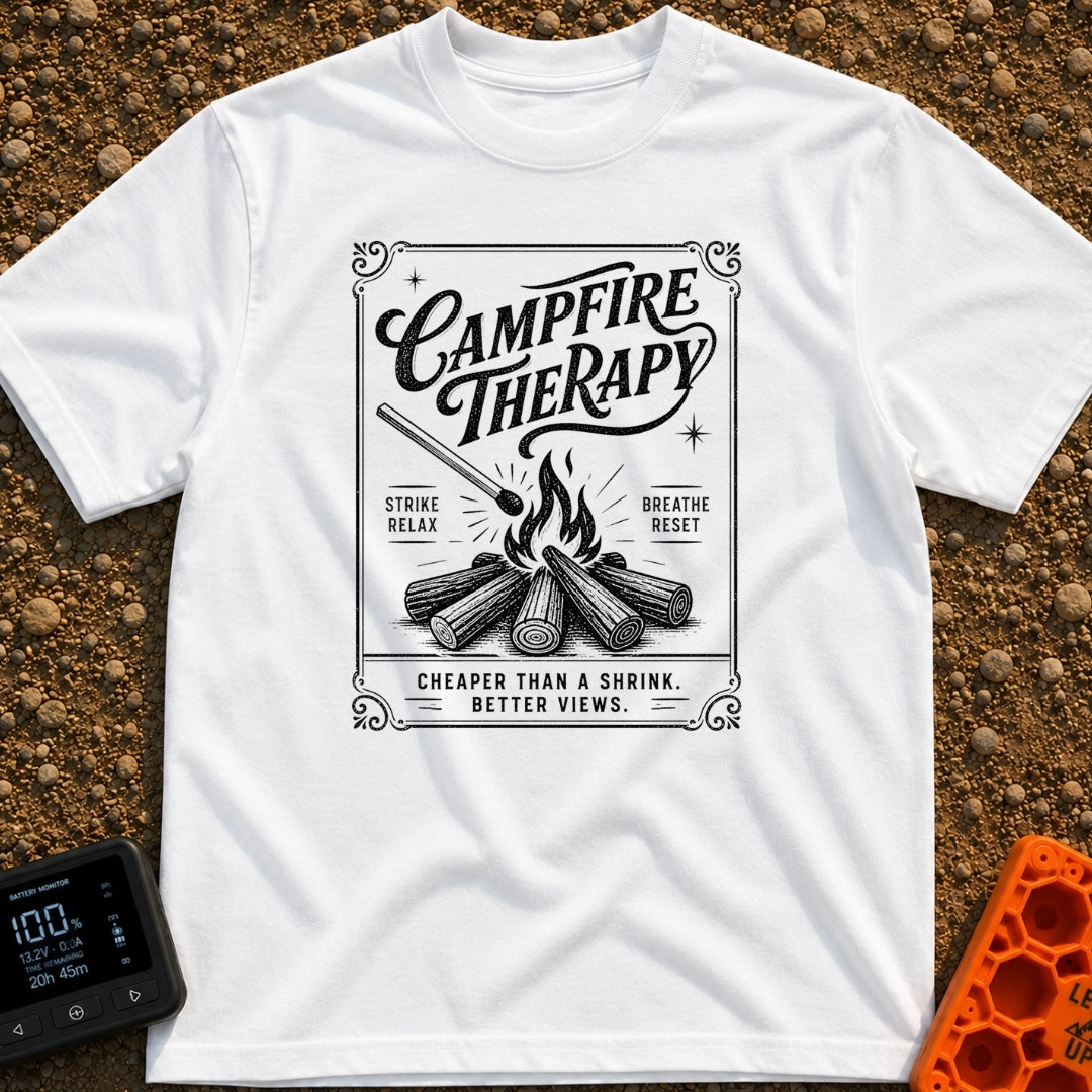 Therapy In A Matchbook - T-Shirt in White - A black and white, vintage matchbook-style illustration featuring a lit...