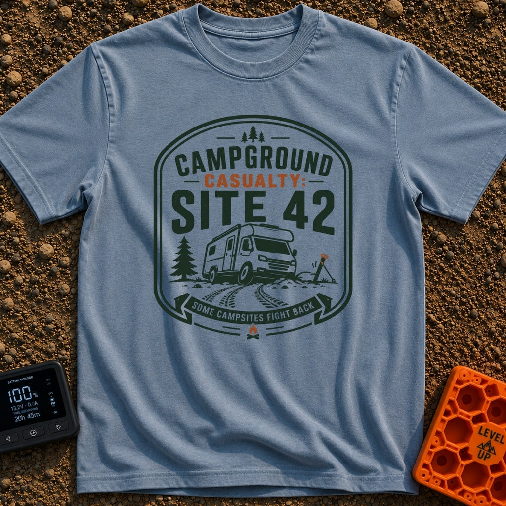 Campground Crash Site - T-Shirt in Blue Jean - A graphic badge design featuring a Class C motorhome stuck in muddy tire...