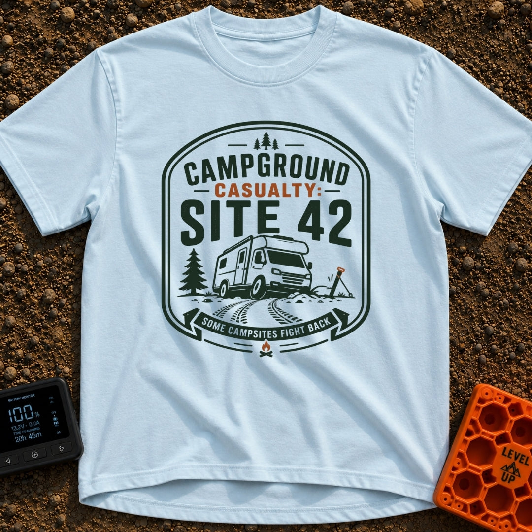 Campground Crash Site - T-Shirt in Chambray - A graphic badge design featuring a Class C motorhome stuck in muddy tire...