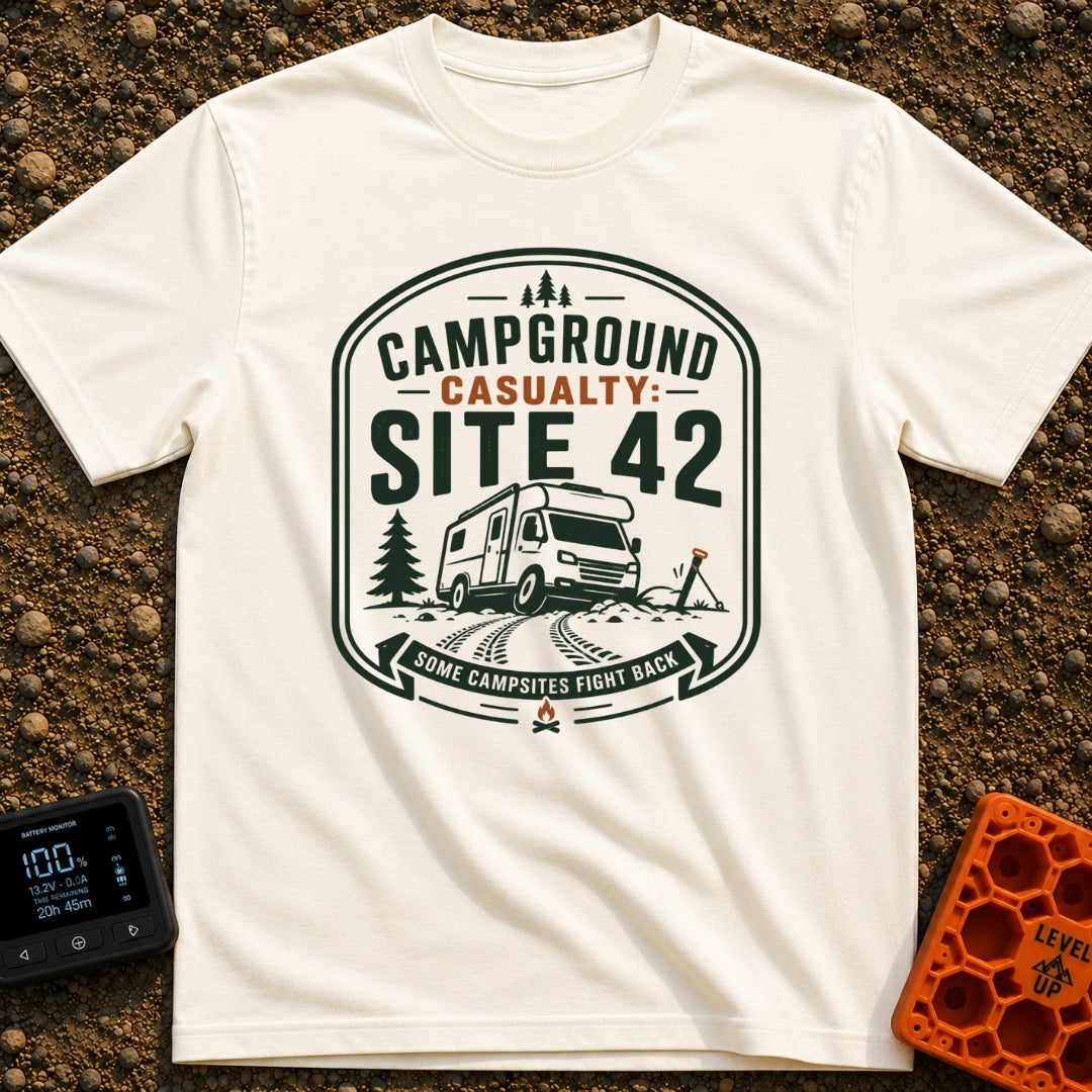 Campground Crash Site - T-Shirt in Ivory - A graphic badge design featuring a Class C motorhome stuck in muddy tire ruts...