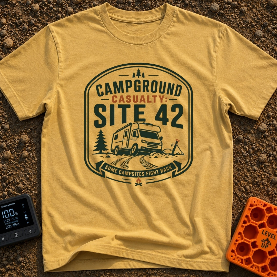 Campground Crash Site - T-Shirt in Mustard - A graphic badge design featuring a Class C motorhome stuck in muddy tire...