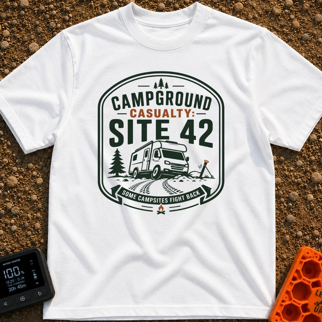 Campground Crash Site - T-Shirt in White - A graphic badge design featuring a Class C motorhome stuck in muddy tire ruts...